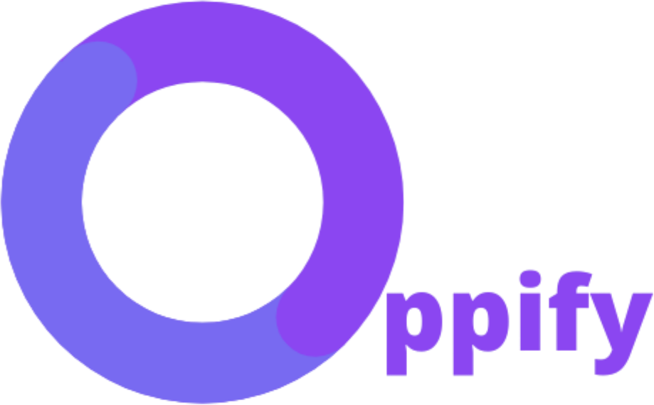 Oppify brand logo: a large stylized purple circular 'O' with the word 'ppify' in bold purple letters