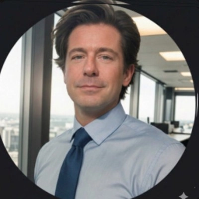 Professional portrait of a man in a light blue shirt and dark blue tie, standing in a modern office with windows in the background.